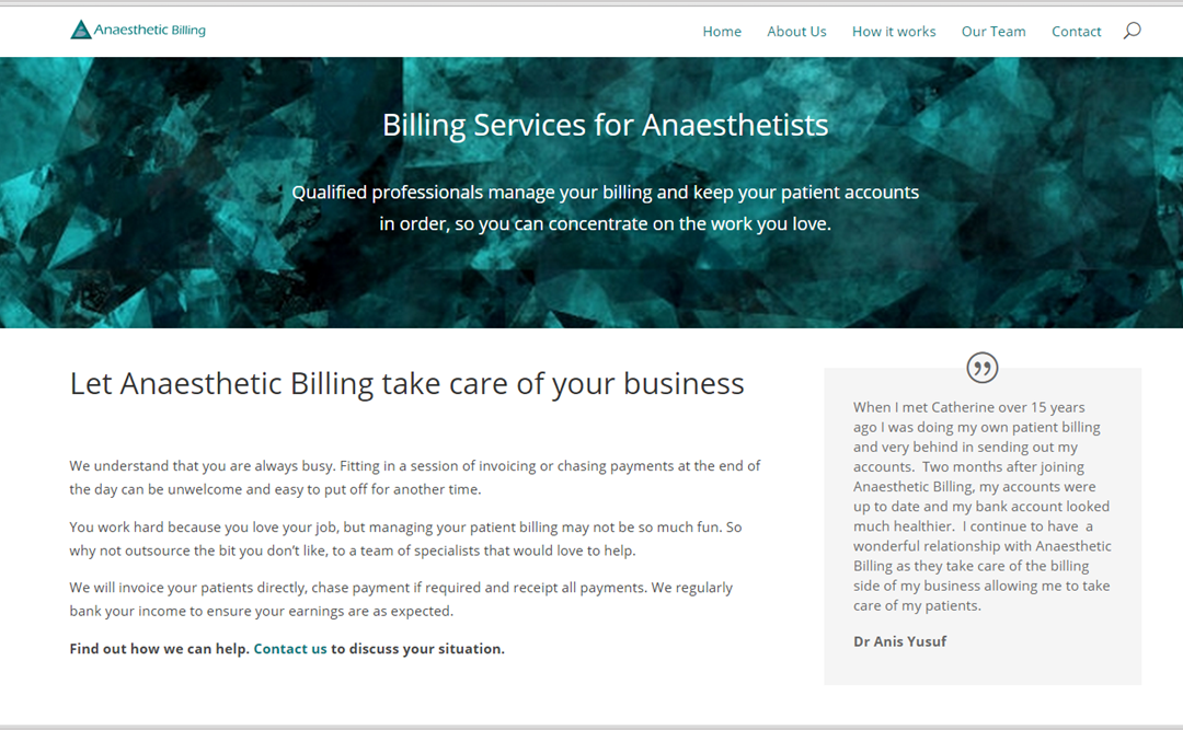 Website Content, Design and Build: Anaesthetic Billing